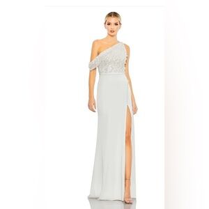 Mac Duggal Embellished Drop Shoulder Column Gown with High Slit and Button Accen